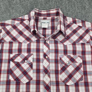 Wrangler Shirt Mens XLT Red White Blue Plaid Wrancher Pearl Snap Western Rodeo